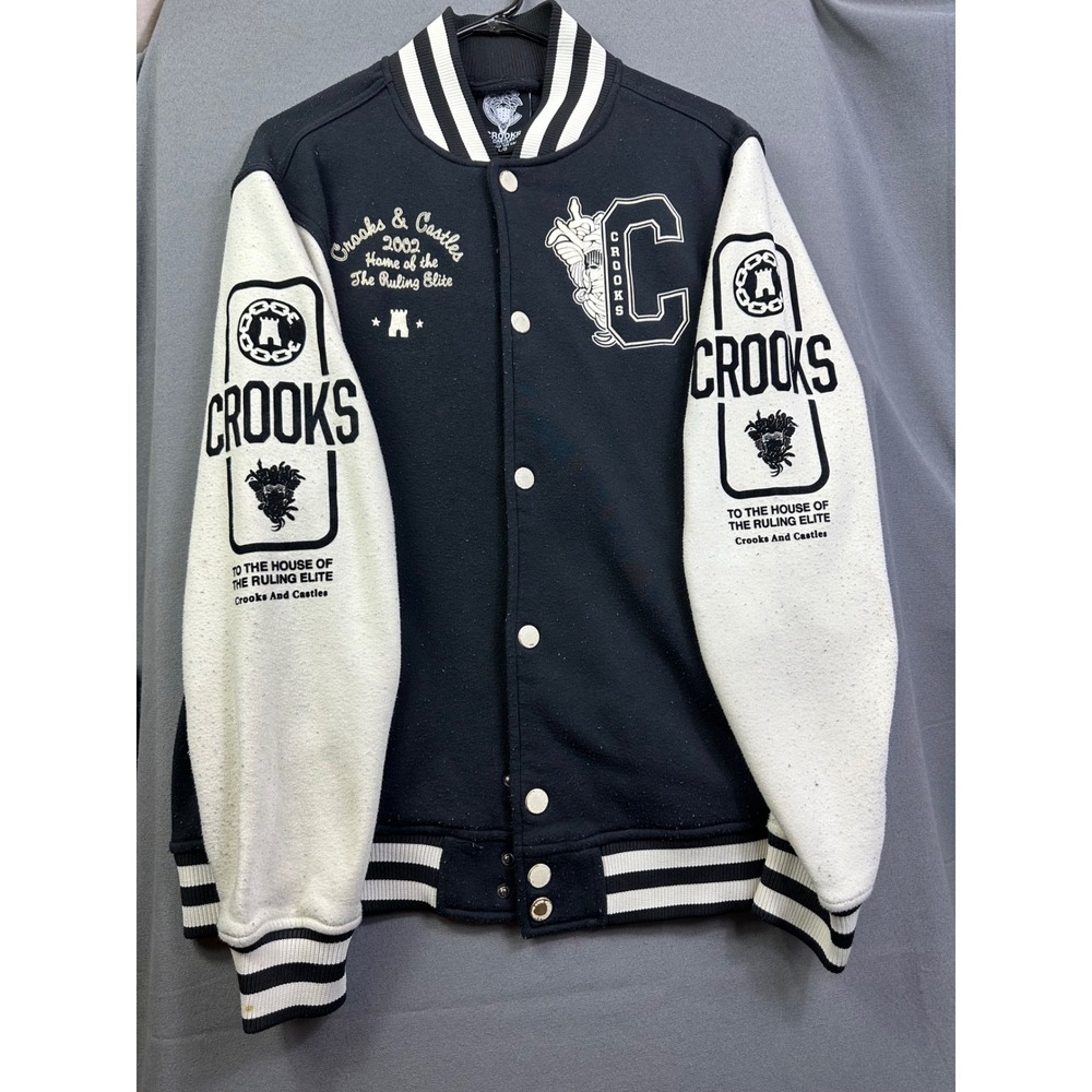 Crooks & Castles Men Varsity Jacket Black Cream Ruling Elite Medusa Logo Large